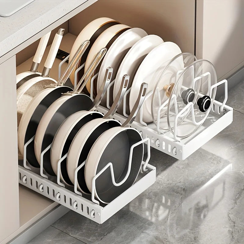 Small Kitchen Under Cabinet Pull Out Pot Pan Storage Rack 8 Removable Dividers Sliding Cookware Organizer With Pot Lid Holder