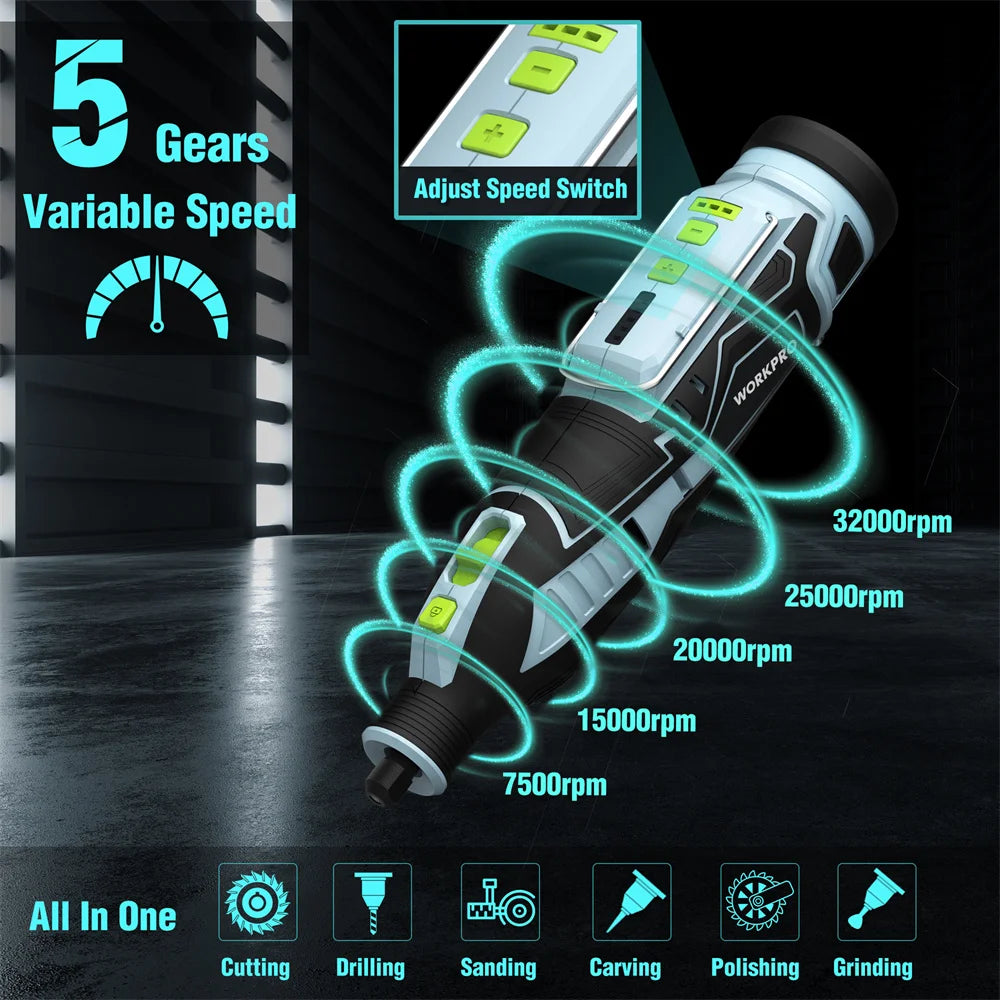 WORKPRO 12V Cordless Rotary Tool Kit Woodworking Engraving Polishing Pen DIY For Jewelry Metal Glass Mini Wireless Drill