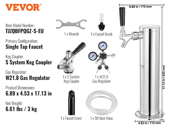 VEVOR Kegerator Tower Kit Single Tap Beer Conversion Kit Stainless Steel Keg Beer Tower Dispenser Dual Gauge W21.8 Regulator