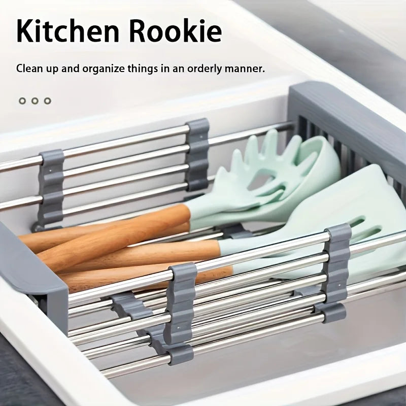 Kitchen Sink Drain Rack Stainless Steel Extendable Dish Drying Rack Drain basket Fruit Vegetable Washing Drainer Storage rack