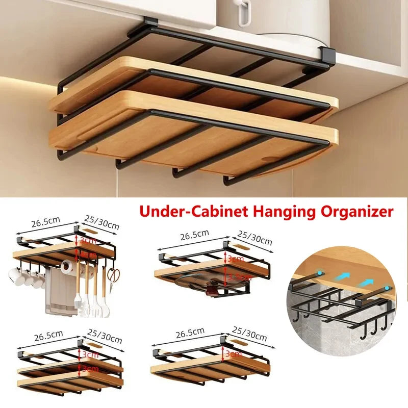 Under Cabinet Kitchen Hanging Organizer Rack with Hooks for Paper Towel Rags Cutting Board Pot Cover Storage