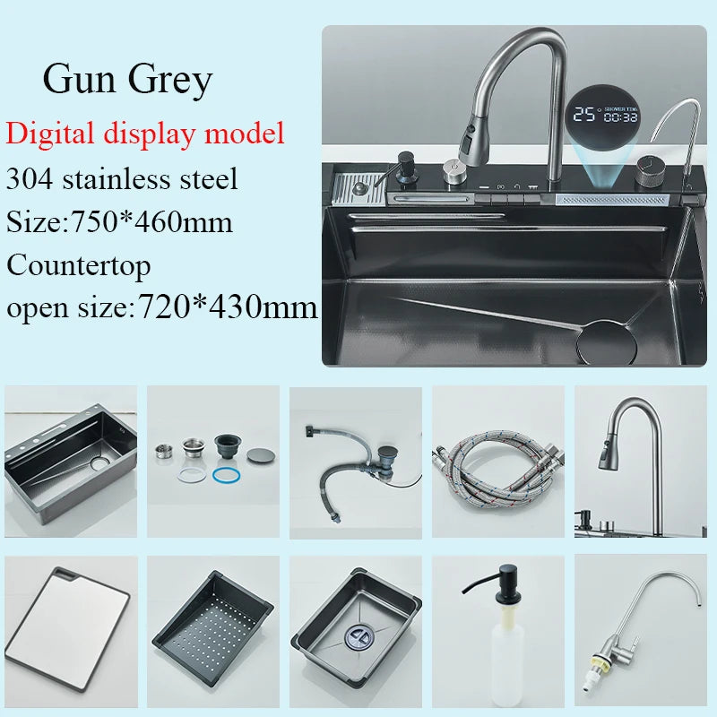 304 Stainless Steel Waterfall Kitchen Sink Large Single Slot Integrated 60X45cm Faucet Set Soap Dispenser Pure Water Tap