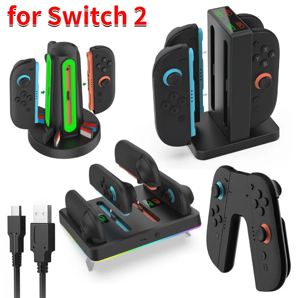 Charging Grip for Switch 2 Joy-Con Accessory Portable Charger Dock with USB-C Cable Charger Indicator Handle Bracket Stand ﻿