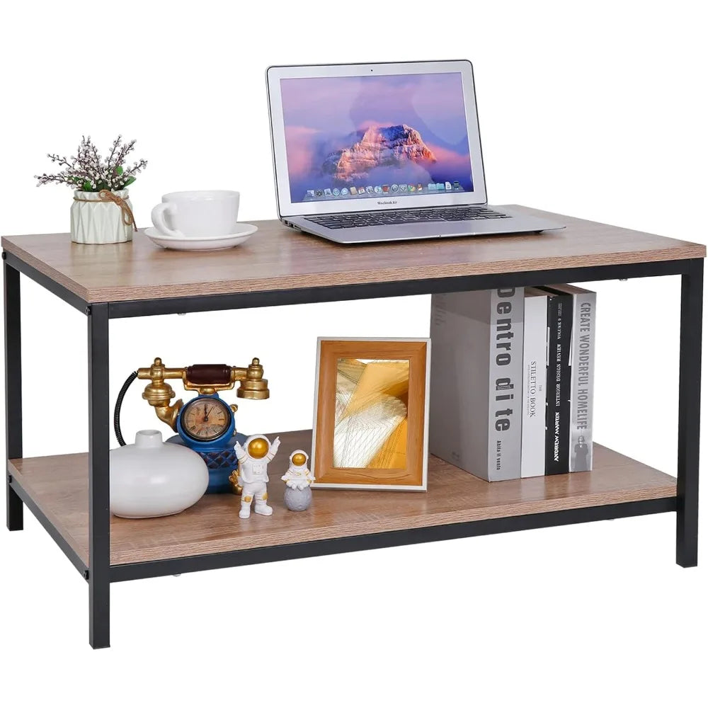 Industrial Coffee Table with Storage Shelf for Living Room, Wood Look Accent Furniture with Vintage Wooden Board Stable Metal F