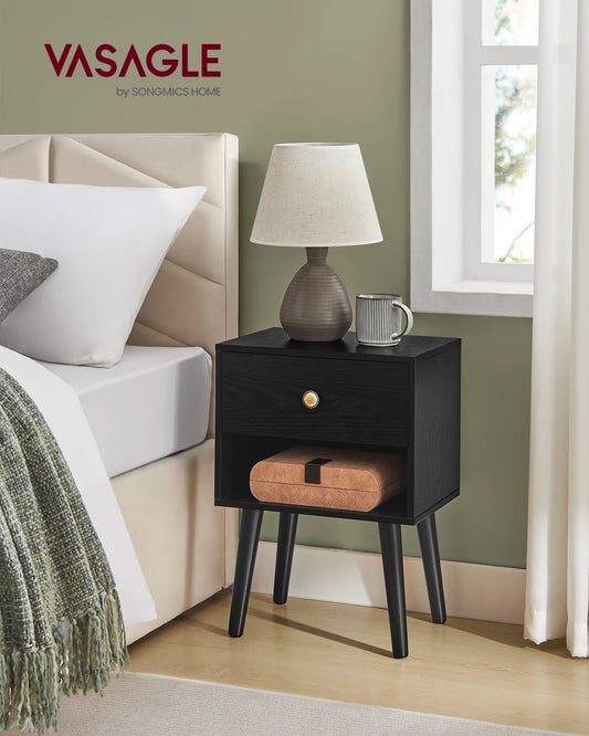 VASAGLE Bedside Table, Side Table with Storage Drawer and Open Shelf, Solid Wood Legs, End Table for Living Room, for Bedroom