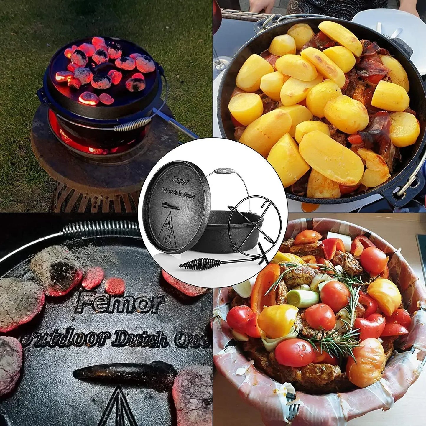 Femor 12 L Dutch Oven Cast Iron BBQ Roaster Fire Pot Cast Pot Grill Casserole For Outdoor And Indoor, Large Capacity