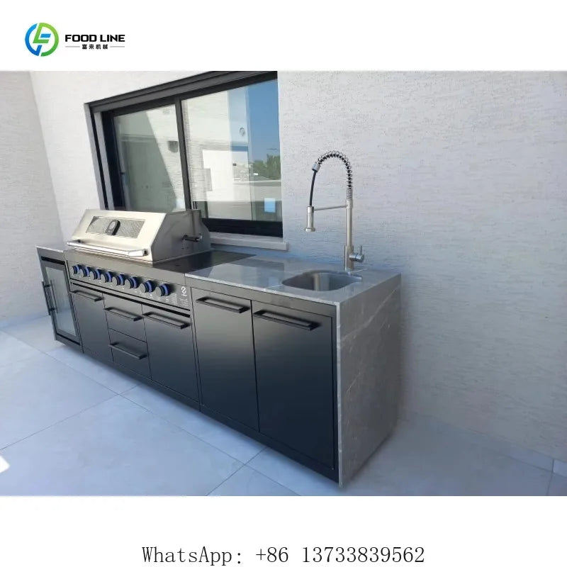 Customized Villa Outdoor Kitchen Factory Direct Stainless Steel 6 Burner Gas Grill Party BBQ Powder Coated Sink Refrigerator