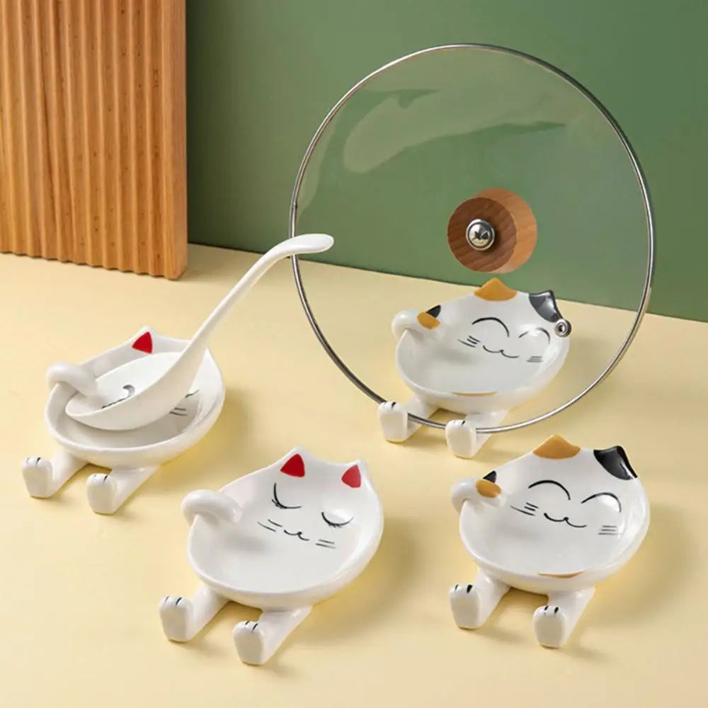 Kitchen Cat Design Storage Organizer Ceramic Spoon Rest Stove Holder Utensil Rack Pot Lid Stand