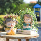 7 inch Cute Angel Girl Face Planter Pot with Drainage Hole, Resin Fairy Tale Planter Ornamental Statues for Home Office Decor
