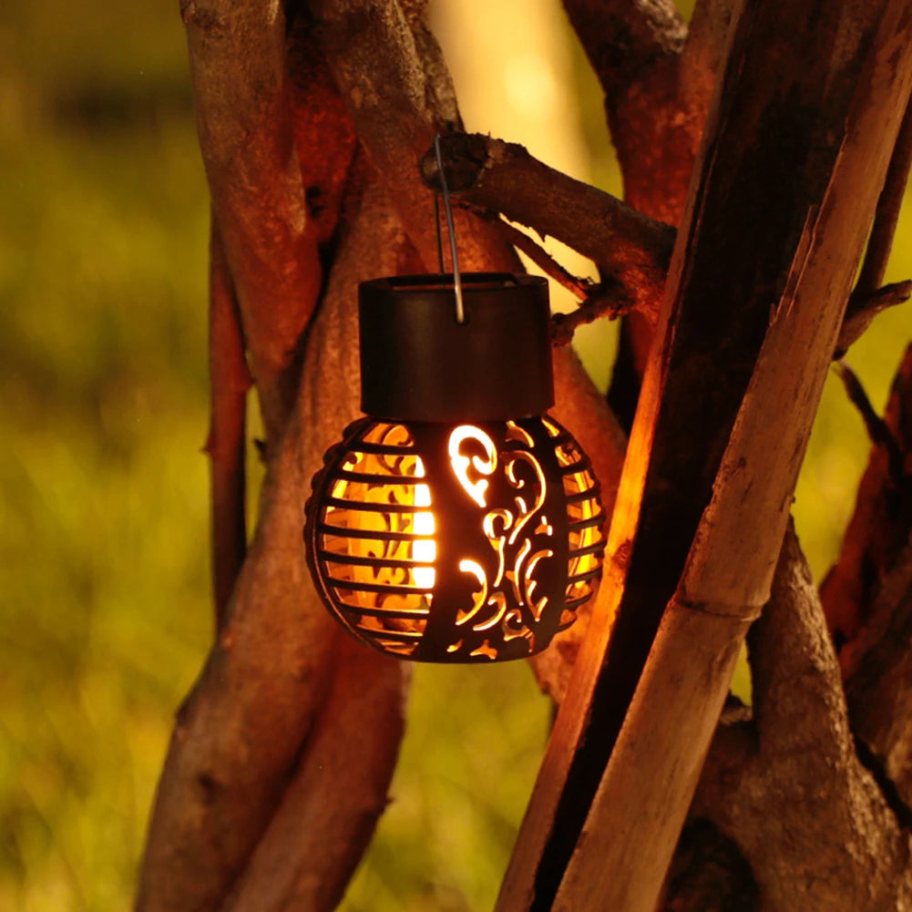 LED Outdoor Solar Light Garden Light Hanging Chandelier Lamp Hollow Garden Decoration Flame Lamp Solar Lantern Ornament