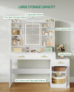 Dressing Table, Large Table Top with Mirror, 3 Drawers and 1 Cabinet, Open Multi-Level Shelves, for Bedroom, Wardrobe, White