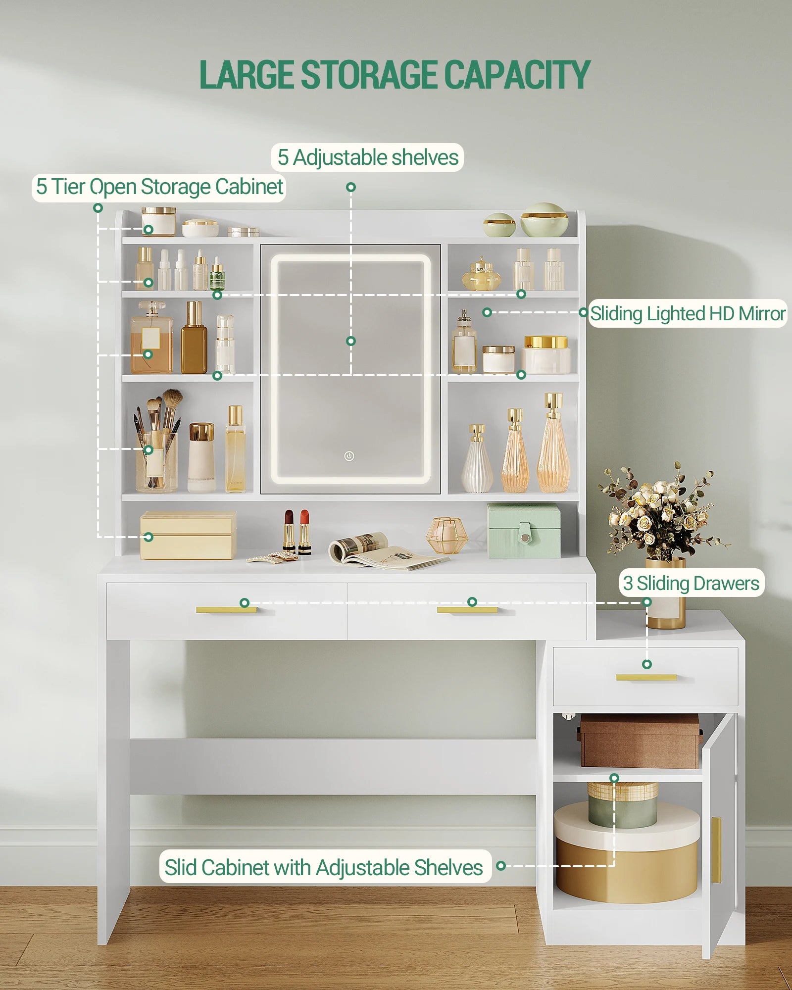 Dressing Table, Large Table Top with Mirror, 3 Drawers and 1 Cabinet, Open Multi-Level Shelves, for Bedroom, Wardrobe, White