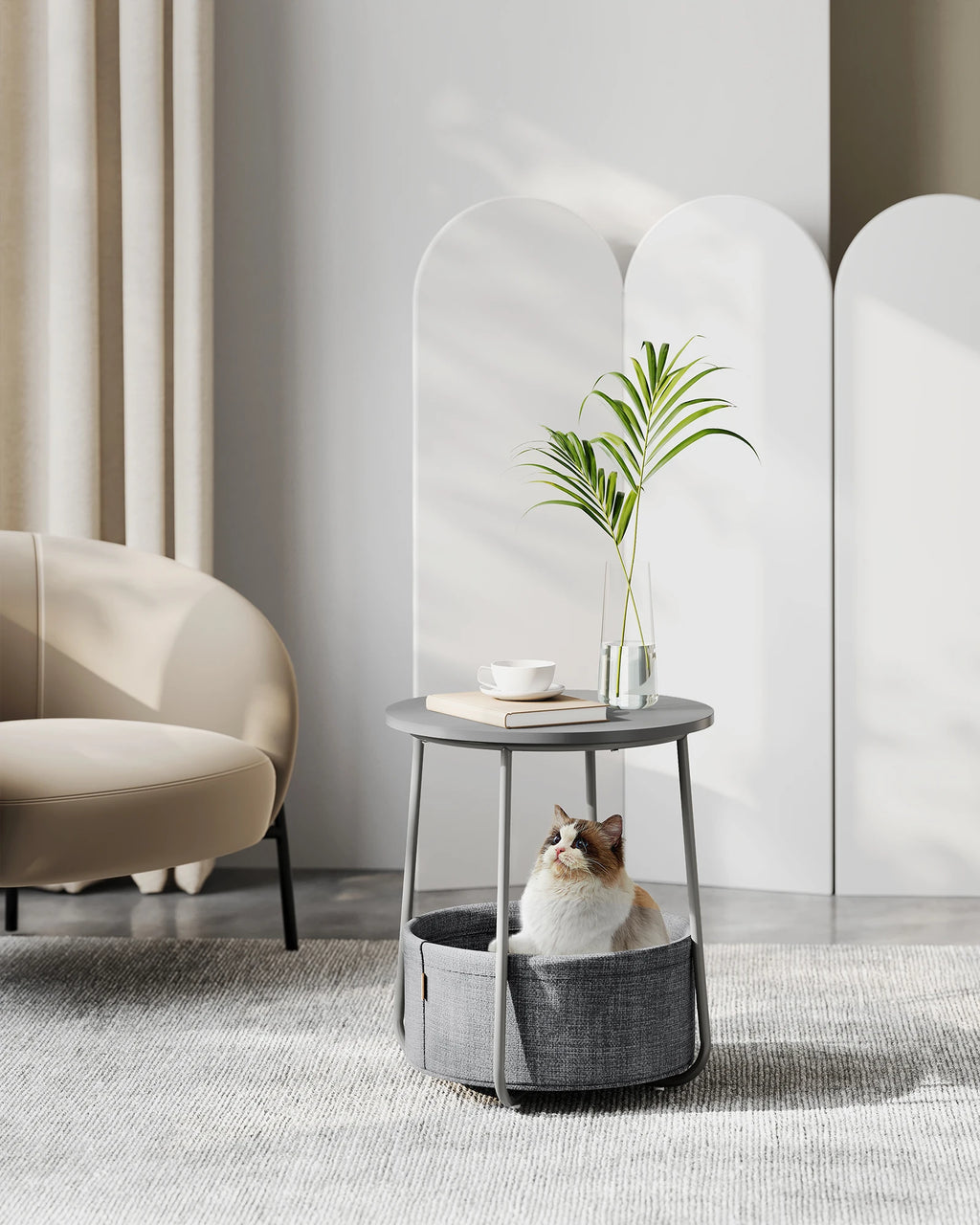 VASAGLE side table round small table coffee table small living room table with fabric basket living room storage space