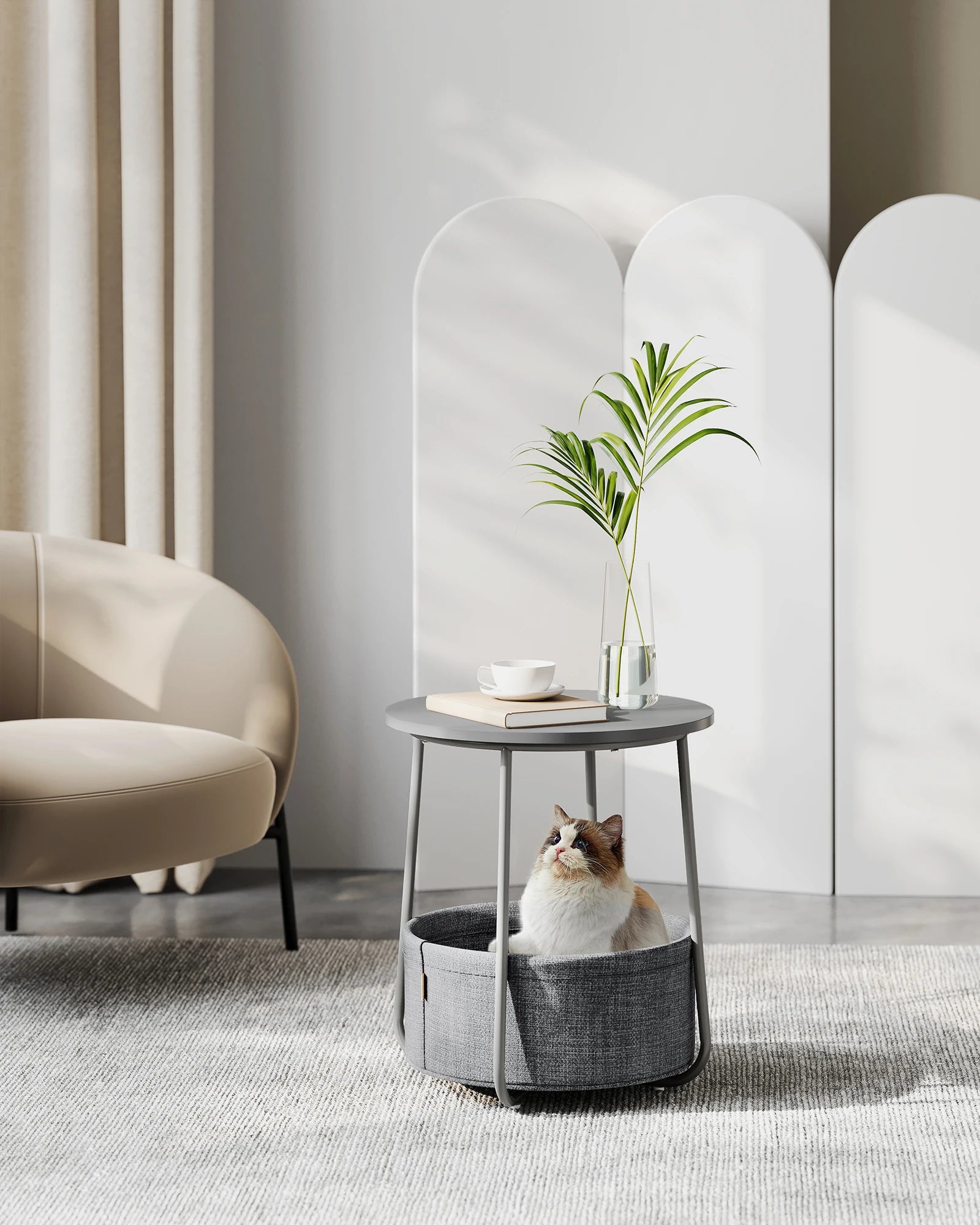 VASAGLE side table round small table coffee table small living room table with fabric basket living room storage space