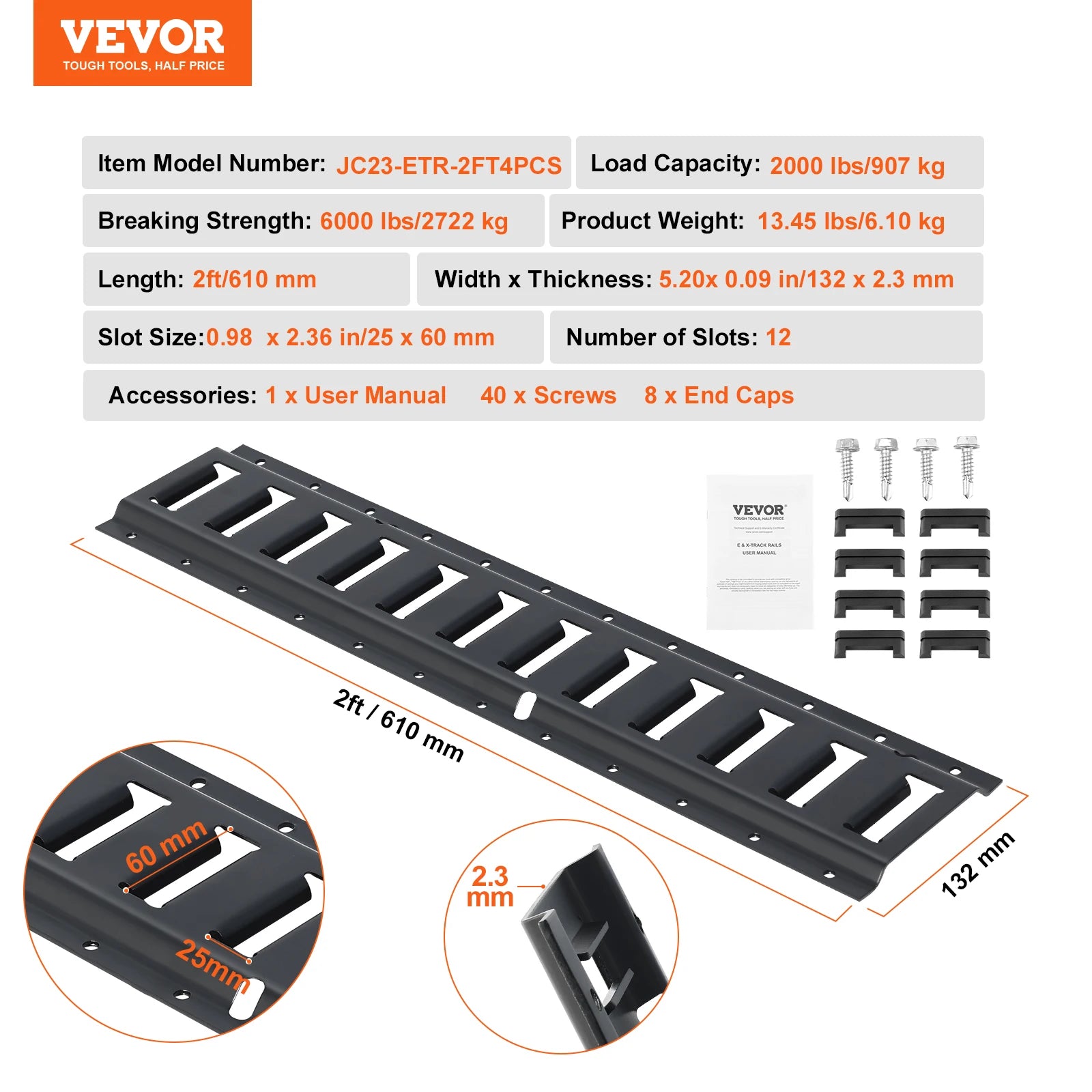 VEVOR 2ft 5ft E Track Tie Down Rail Kit 4 Pack Secure Cargo 2000 lbs Etrack Rails with Screws for Garages Trailers  ATV Mounting