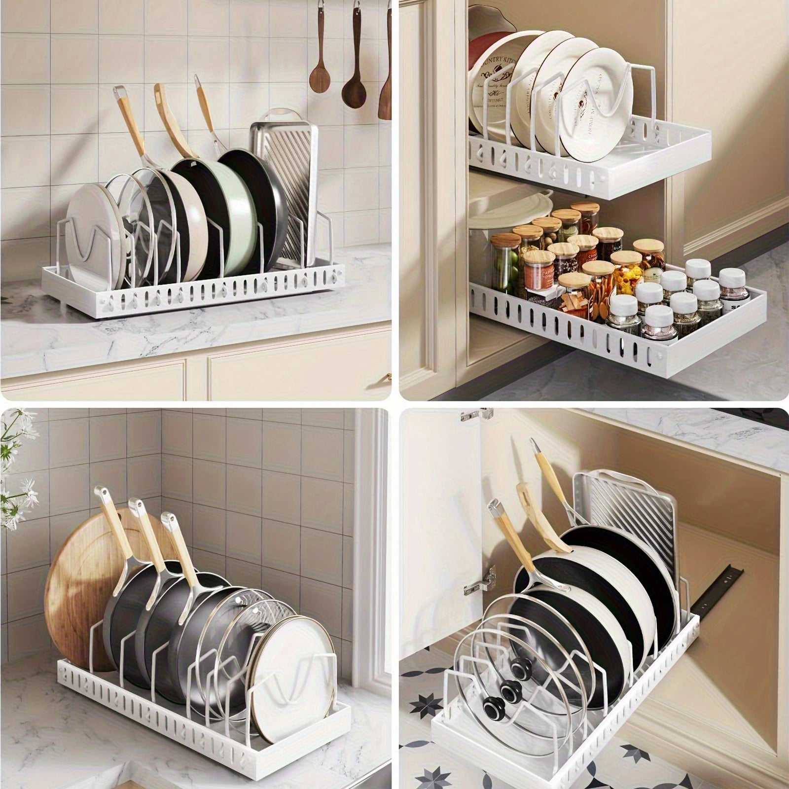 Cookware and Frying Pan Storage Rack with Pull-Out Lid Storage Box, Suitable for Placement under the Cabinet, Featuring a Pot Lid Rack with 8 Adjustable Dividers, Designed for Kitchen Cabinets and Baking Utensils, Kitchen Storage, Under-Sink Storage