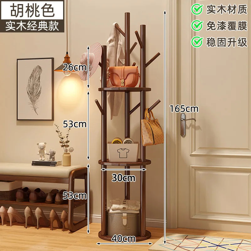 Rotating Wooden Coat Rack Durable Floor Standing Clothes Hanger Bedroom Clothes Rack Stand Space-Saving Storage Rack