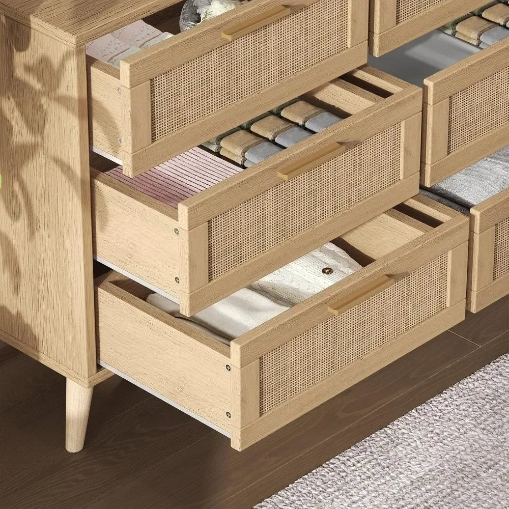 9 Drawer Double Dresser for Bedroom, Rattan Chest of Dressers, Modern Wooden Dresser Chest with Golden Handles, Beside Table