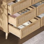 9 Drawer Double Dresser for Bedroom, Rattan Chest of Dressers, Modern Wooden Dresser Chest with Golden Handles, Beside Table