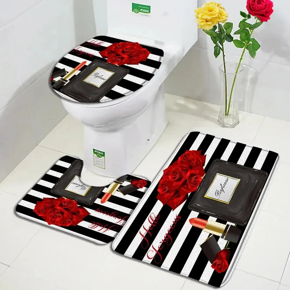 Fashion Perfume Shower Curtain Set Pink Rose Flower Modern Woman Girl Home Bathroom Decor Non Slip Rug Bath Mat Toilet Lid Cover
