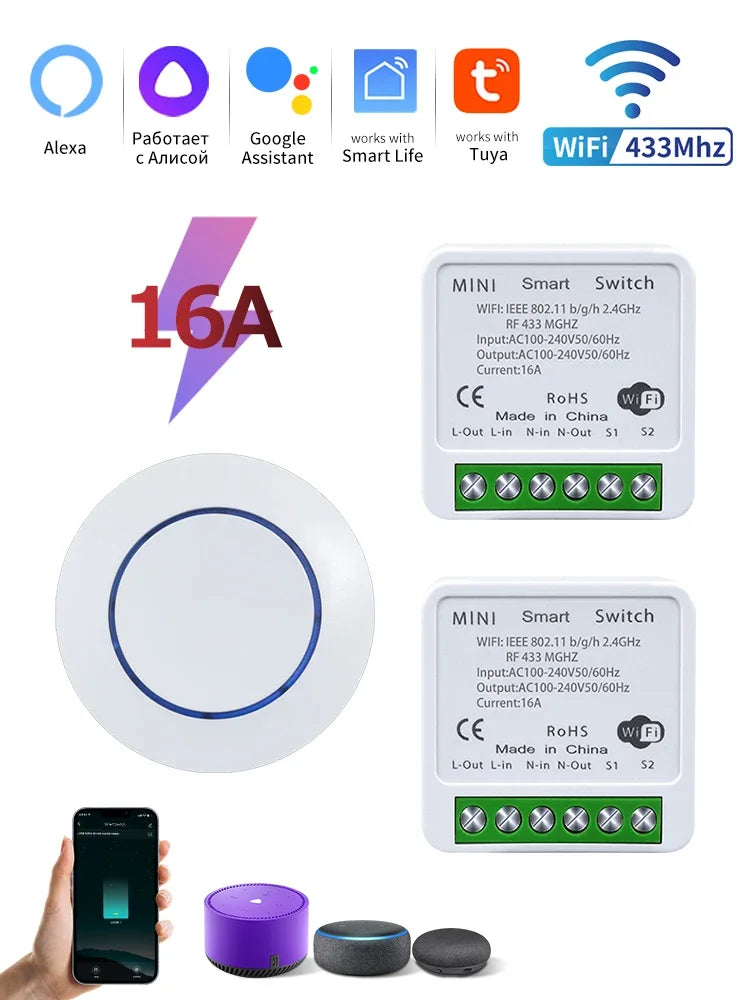 Tuya WiFi Smart Switch 16A 20A 100-240V Relay Controller RF433Mhz Wireless Remote Control Mini Round Panel Switch For LED Lamp