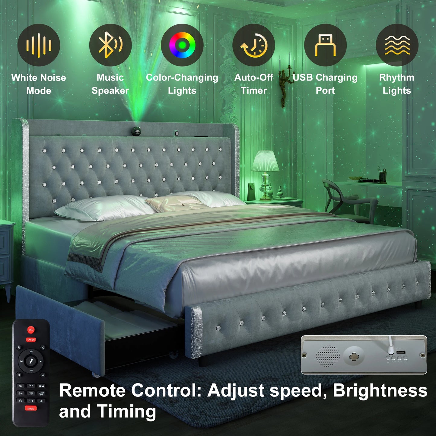 GEGOFORU Queen LED Bed Frame with Galaxy Projector, Bluetooth Speaker, USB Ports, 4 Drawers, No Box Spring Needed, PU Black