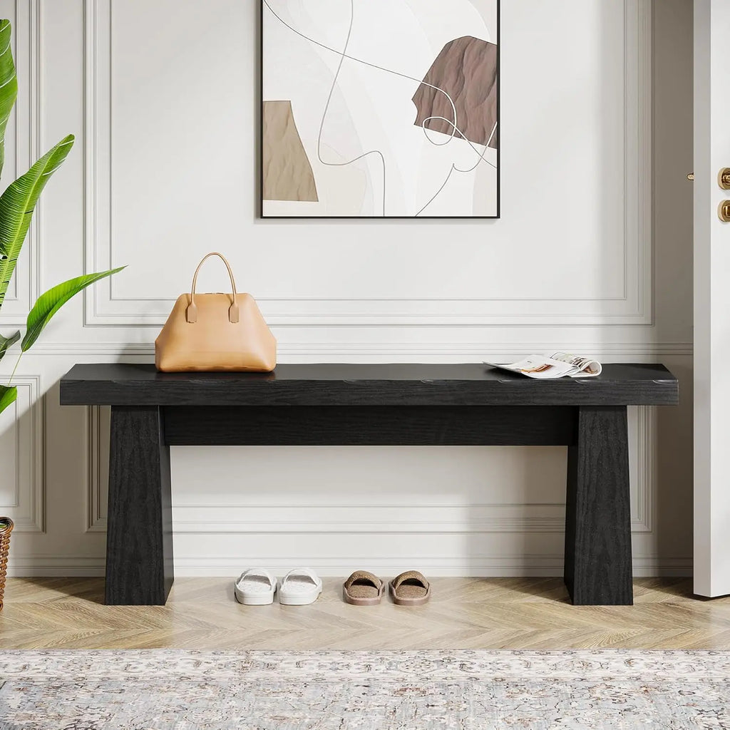 Wooden Entryway Bench, 47-Inch Wood Dining Table Bench with Sturdy Frame for Dining Room, Bedroom Hallway, Easy Assembly, Black
