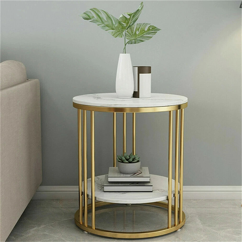 2 Tiers Round Sofa Side Table Sintered Stone Gold Metal Frame End Table Marble Accent Coffee Table Nightstand