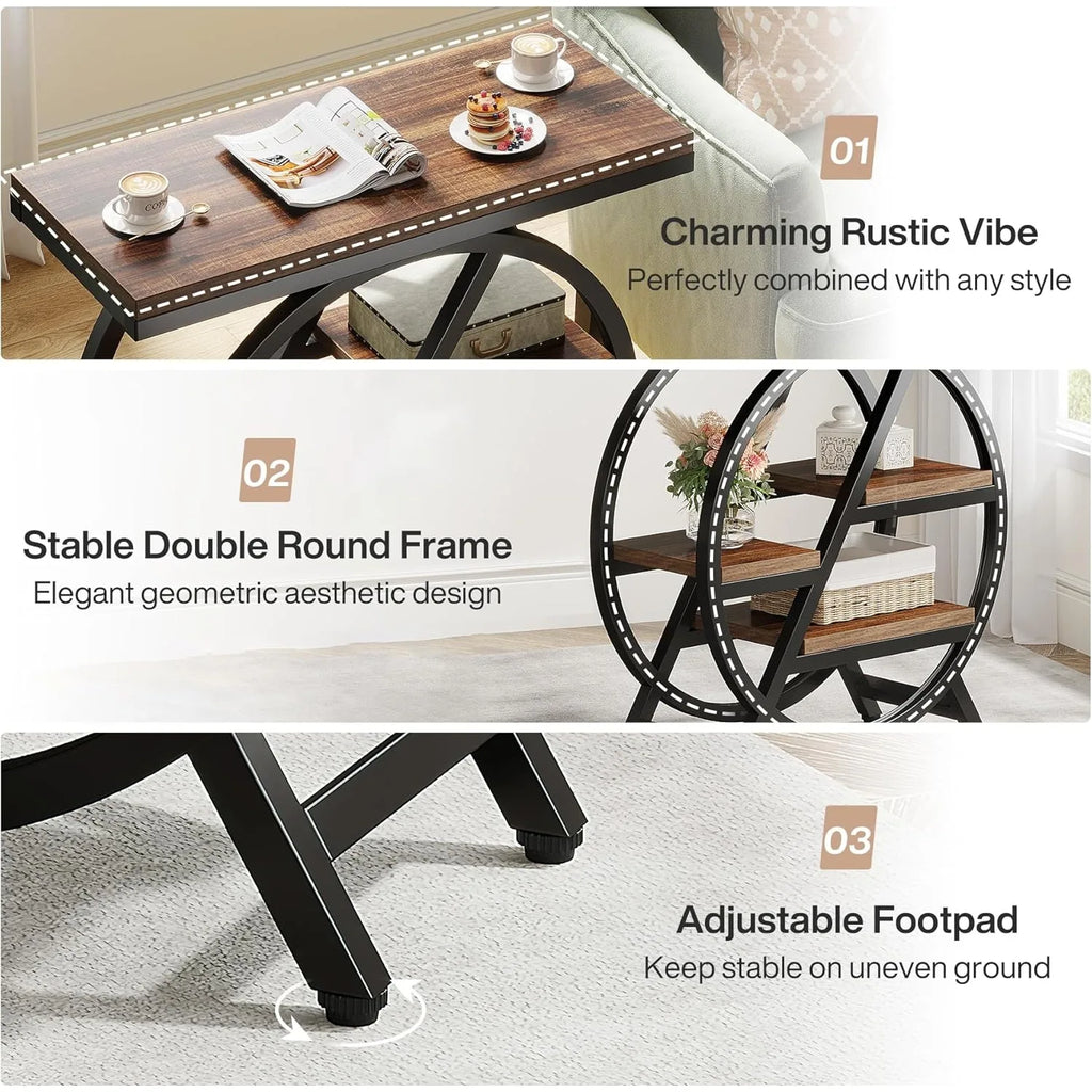 3-Tier Narrow Side Table with Storage, Wood Sofa Side Table with Geometric Metal Frame, Nightstand  for Bedroom, Living Room