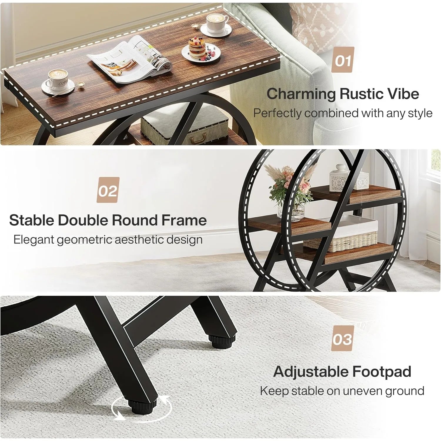 3-Tier Narrow Side Table with Storage, Wood Sofa Side Table with Geometric Metal Frame, Nightstand  for Bedroom, Living Room