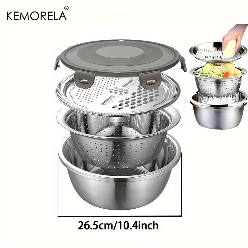4-in-1 Stainless Steel Kitchen Multifunctional Basin with Lid Airtight Rice Washer Drain Colander Ginger Cheese GraterEssential
