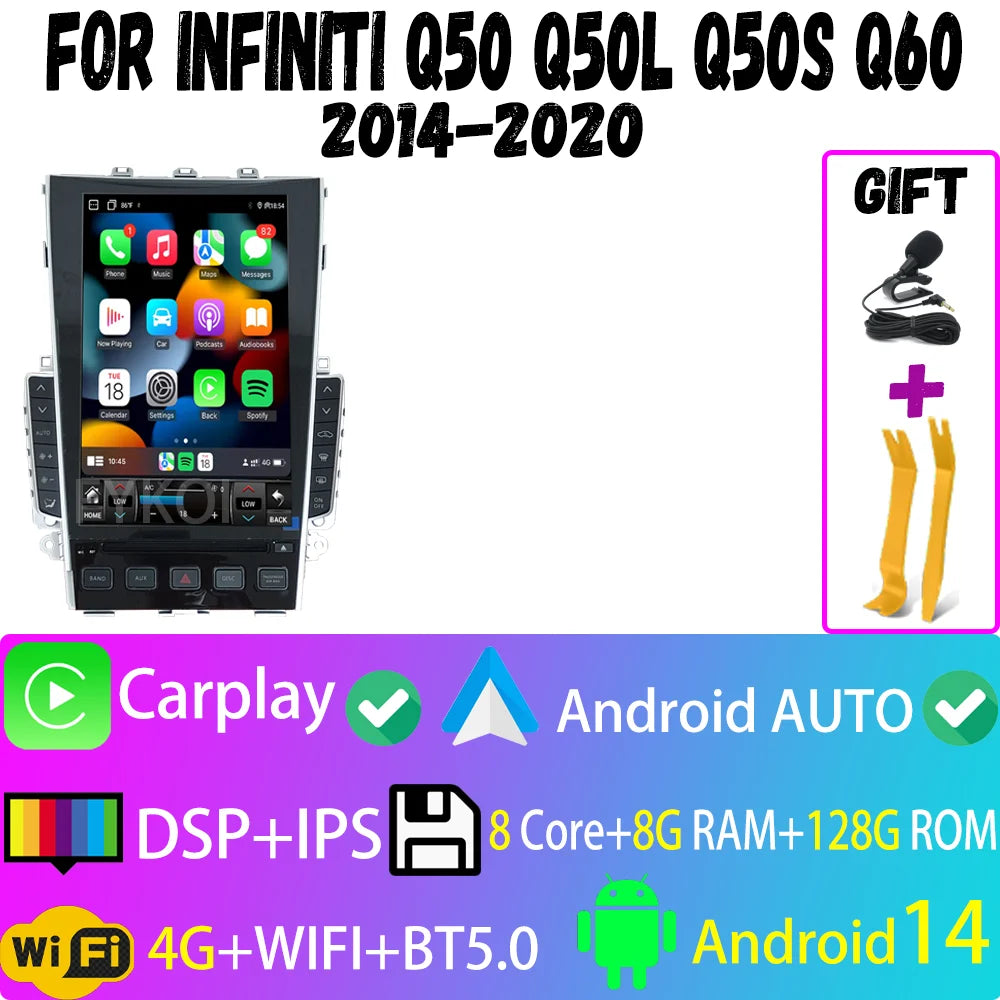 Car Radio For Infiniti Q50 Q50l Q50s Q60 2014-2020 CarPlay Android Auto Automotive multimedia Tesla Style Bluetooth 4G GPS WIFI