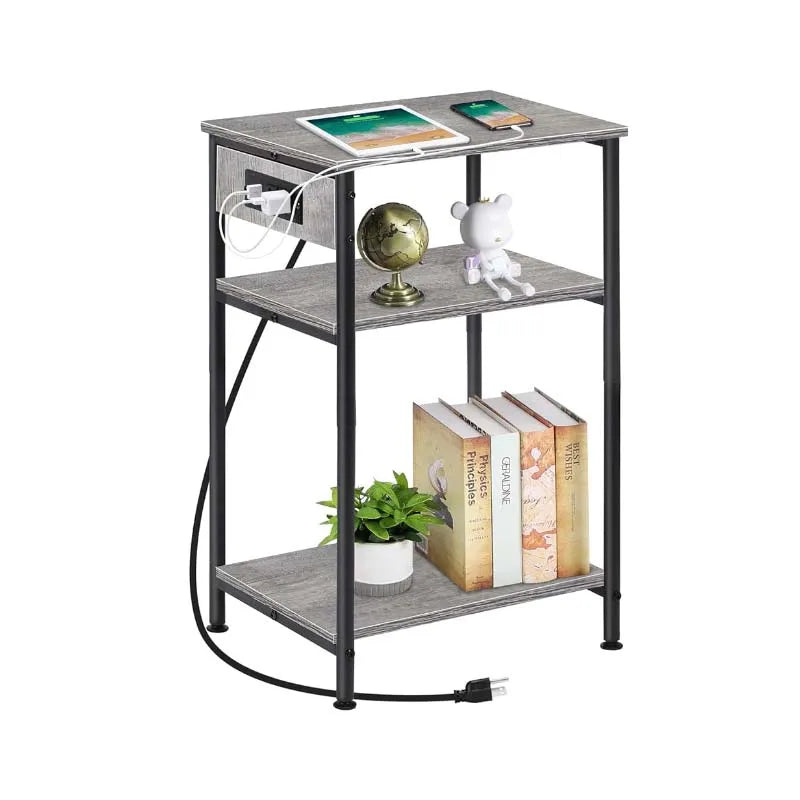 Nightstand with Charging Station,3 Tier Black Nightstand End Table with Storage Shelf,Narrow Side Table with USB Ports