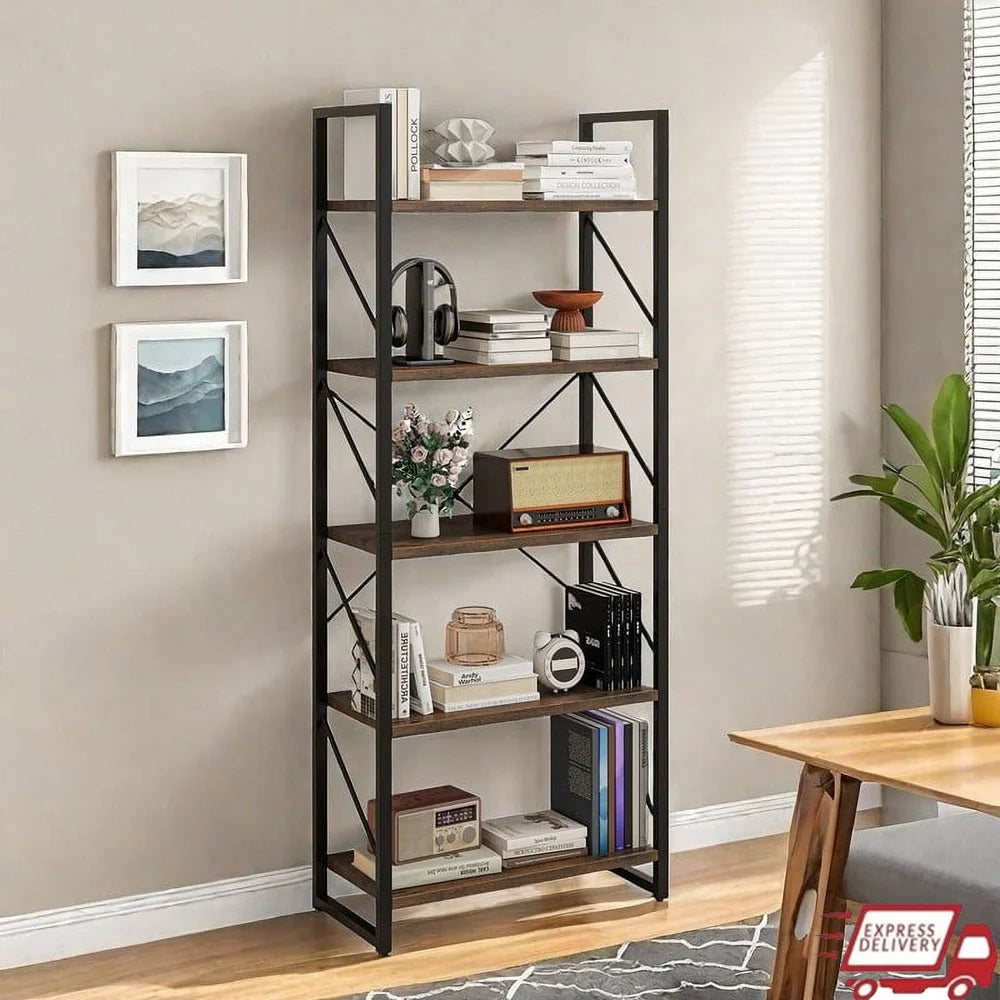 5 Tier Bookshelf Industrial Open Storage Organizer Freestanding Ladder Bookcase Durable Metal Frame Ample Display Space Home