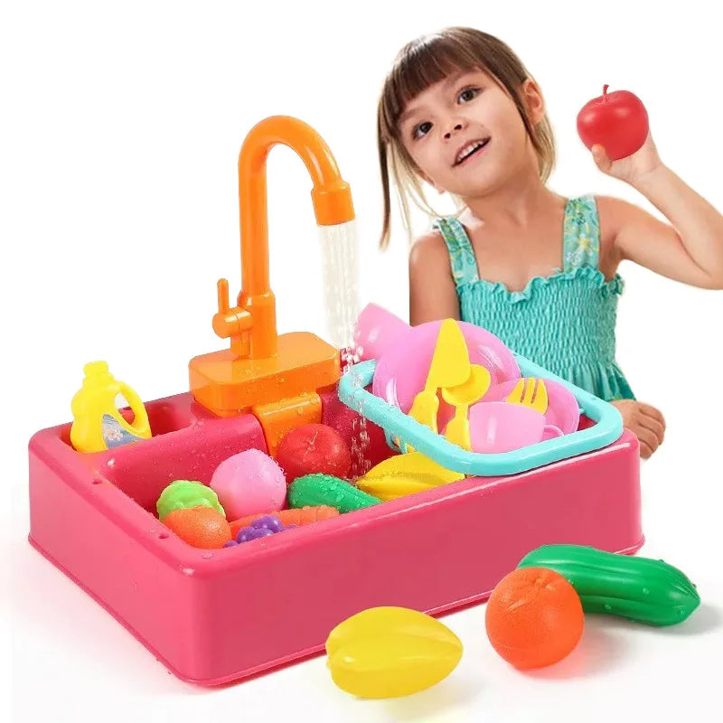 Kid Simulation Electric Dishwasher Wash Sink  Running Water Toy Role Playing House Kitchen Pretend Game Food Fruit Girl Boy Gift