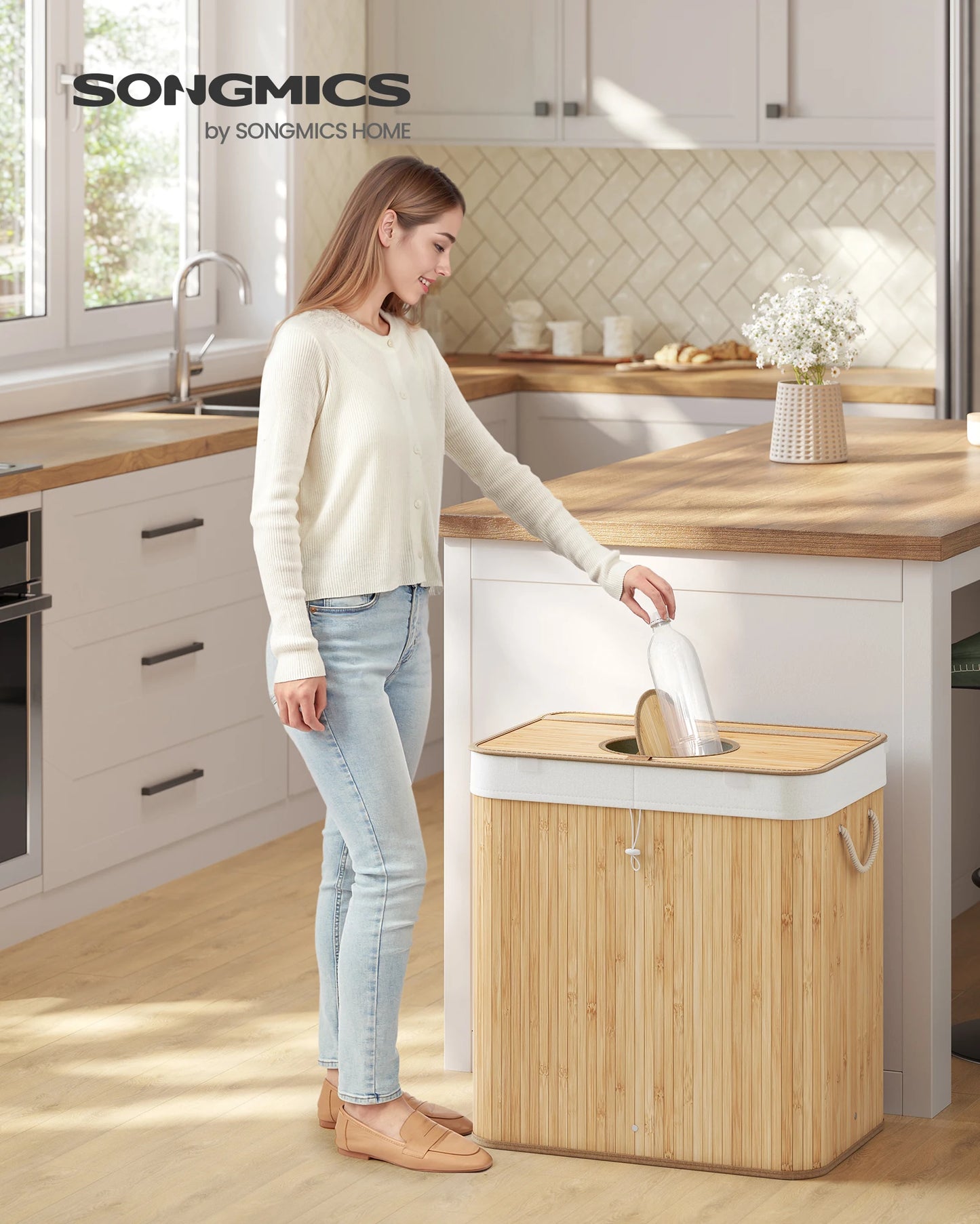 SONGMICS returnable bottle collection container, 120 L returnable bottle container, bamboo, bottles collector empties, recycling container