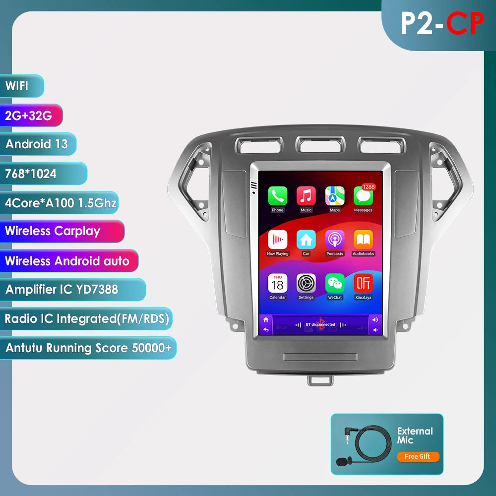 Hizpo For Tesla Style Car Radio For Ford Mondeo Mk4 Galaxy A/C 2007-2010 Carplay Screen Monitor Navigation Head Unit Player DSP