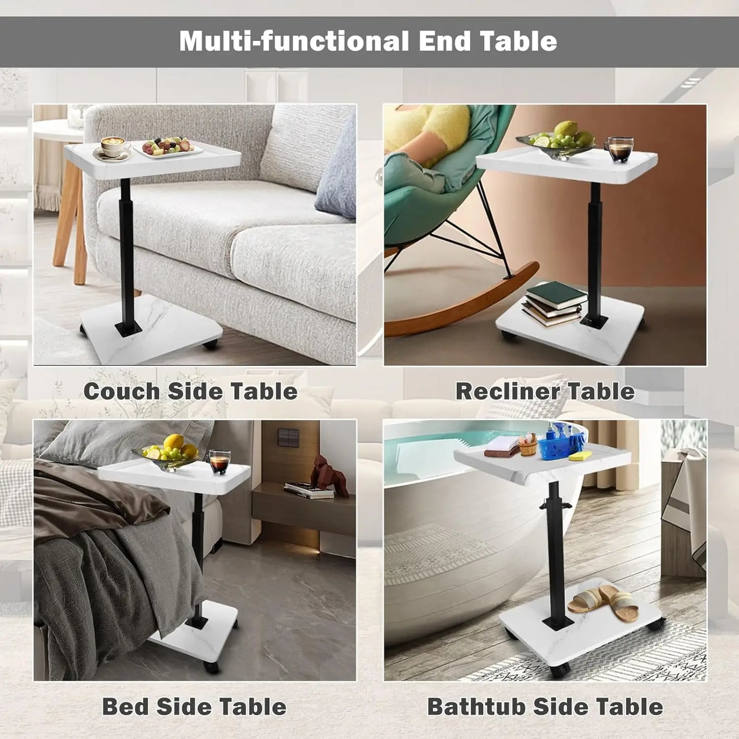 Height Adjustable Couch Side 360 Rotatable Sofa Tray Table Stable Sofa Side Table Home Bedroom Office Movable Coffee Tea Table