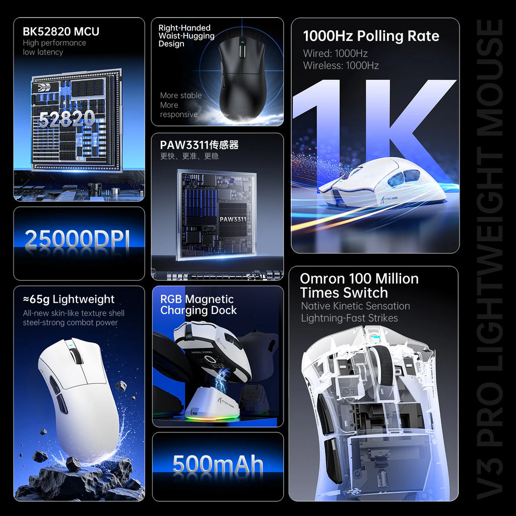 ATTACK SHARK V3PRO Ultra-Light Gaming Mouse with Charging Dock 2.4G Wireless Bluetooth Wired 1000Hz Polling Rate 25000 DPI