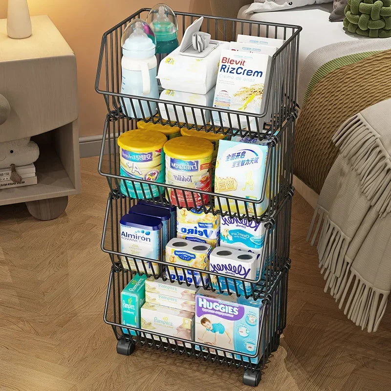 Kitchen Multi-Layer Storage Cart Floor Movable Shelf Fruit and Vegetable Basket Snack Toy Rack Adjustable Storage