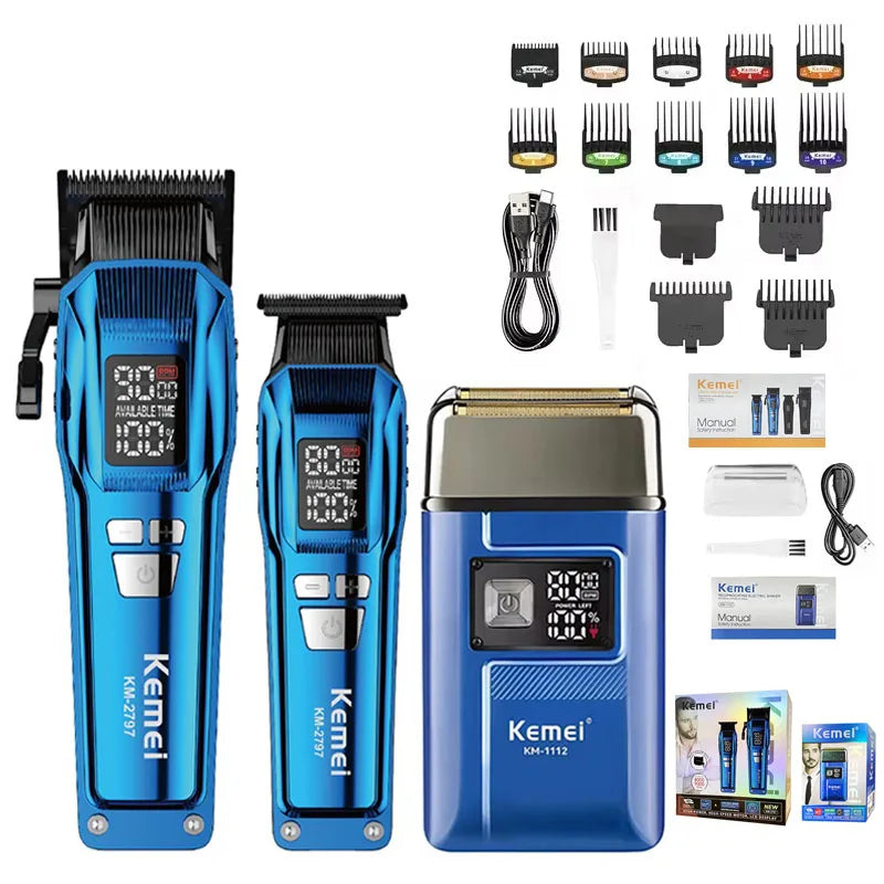 Kemei Trimmer KM-2797 Rechargeable Electric Hair Clippers Set LCD Shaver KM-1112 Dry And Wet Shaving Machine Cordless Kit