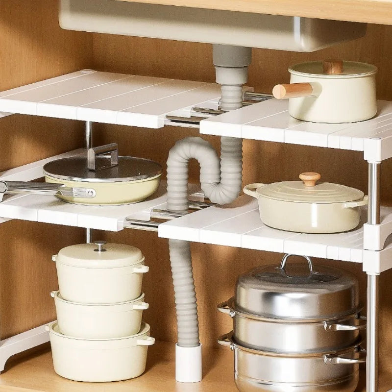 Expandable Kitchen Cabinet Storage Rack Pot Organizer Divider Adjustable Sink Storage Shelf Home Organization Solution