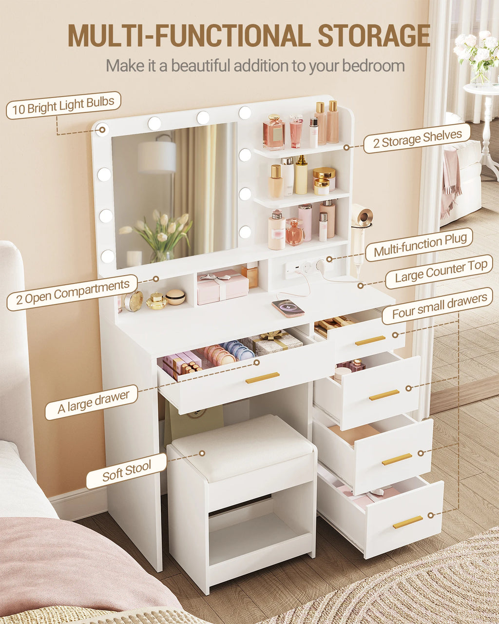 Dressing Table with 10 LED Light Balls, 3 Colors, Dressing Table with Plug and Large Mirror, Stool and Hairdryer Holder, White