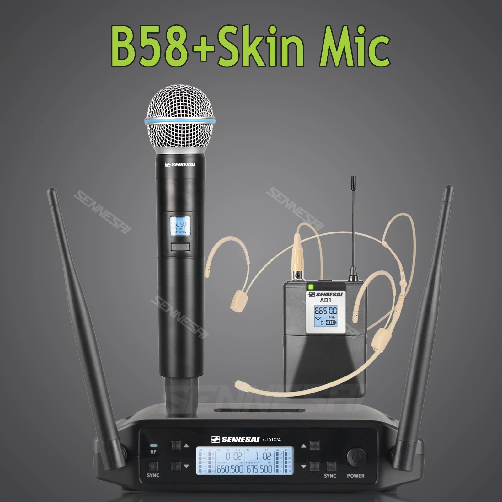 SENNESAI GLXD24 B58 Professional Dual Wireless Microphone 600-699MHz System Stage Performances UHF Dynamic 2 Channel Handheld