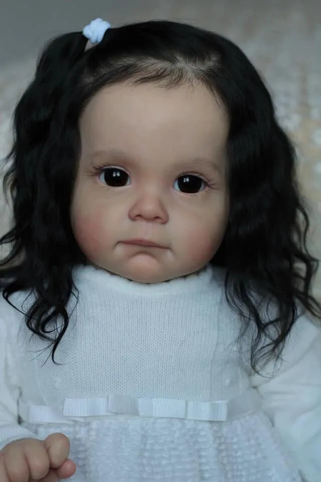 NPK 60CM Bebe Doll Reborn Toddler Maggi in Black Rooted Hair Soft Touch 3D Skin with Visible Veins High Quality Art Doll