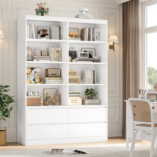 Getone Bookshelf 6 Tier Bookcase White with Drawers 8 Open Compartments Bookshelf Living Room Bookcase  Tall Shelving Unit Free Standing Display Cabinet for Office Home 180x120x30cm