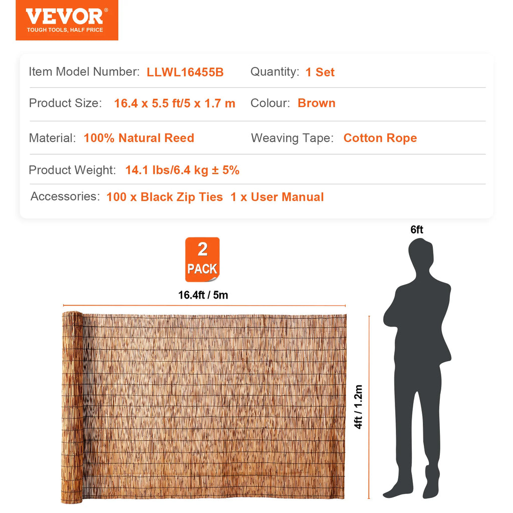 VEVOR Natural Reed Fencing 5.5 ft x 16.4 ft Balcony Reed Fence Roll for Outdoor Backyard Patio Backyard Garden Fencing Divider