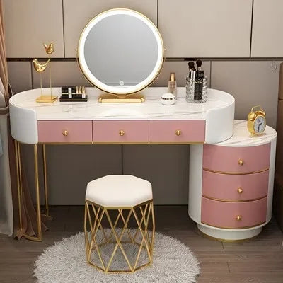 Pink White Vanity Table Women Luxury Nail European Big Stool Study Dressing Table Organizer Mesa De Maquillaje Home Furniture