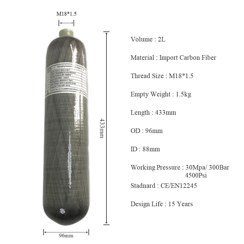 Acecare 4500Psi 300Bar 30Mpa 2L Carbon Fiber Cylinder HPA Air Tank Mini Scuba Diving Tank for firefighting Diving M18*1.5
