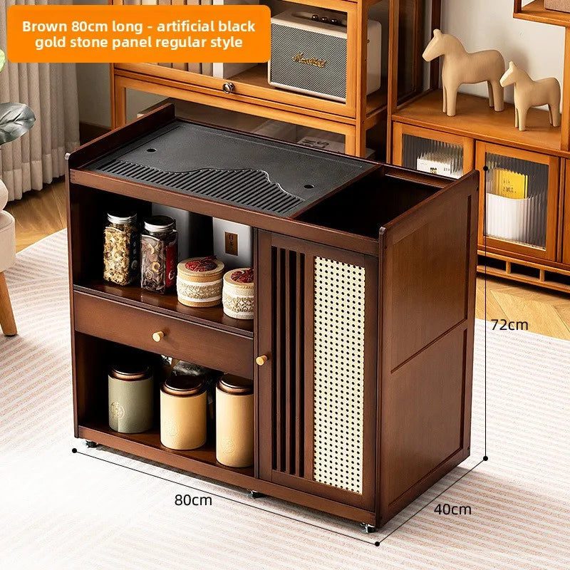 Mobile tea table Small tea table Kettle integrated tea cabinet Solid wood coffee table Tea cart Brewing tea table
